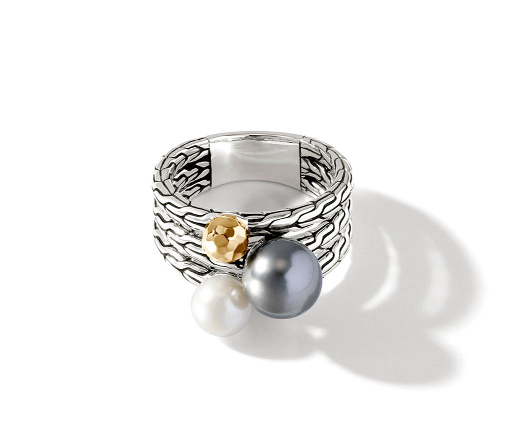 JH Essential Hammered 18K Gold &amp; Silver Ring with Pearls